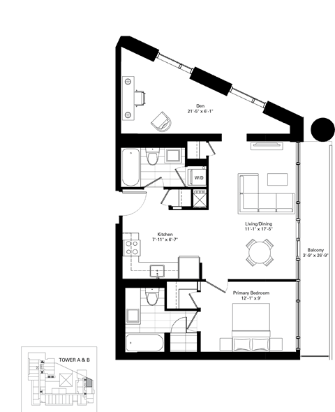 Floor plan for 1 bed, 2 baths, 830 sqft